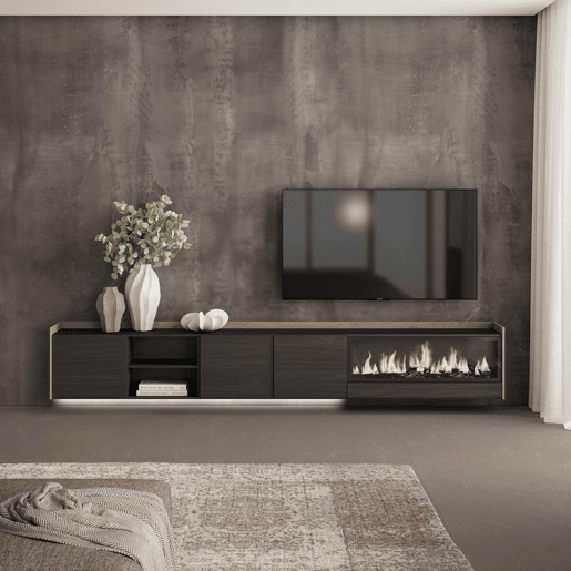 Móvel de TV, Muito espaço de arrumação, 315x35x50cm, Para televisores até 80, Lareira eléctrica XXL, Suspensos, LED, Estilo moderno, Preto e Carvalho