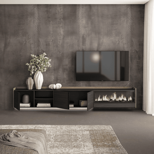 Móvel de TV, Muito espaço de arrumação, 315x35x50cm, Para televisores até 80, Lareira eléctrica XXL, Suspensos, LED, Estilo moderno, Preto e Carvalho