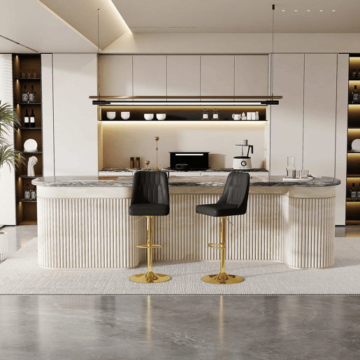 Bancos de bar (2 unidades) - Ajustáveis e giratórios a 360° - Encosto em PU com padrão de costura, pés metálicos dourados - Preto + Dourado
