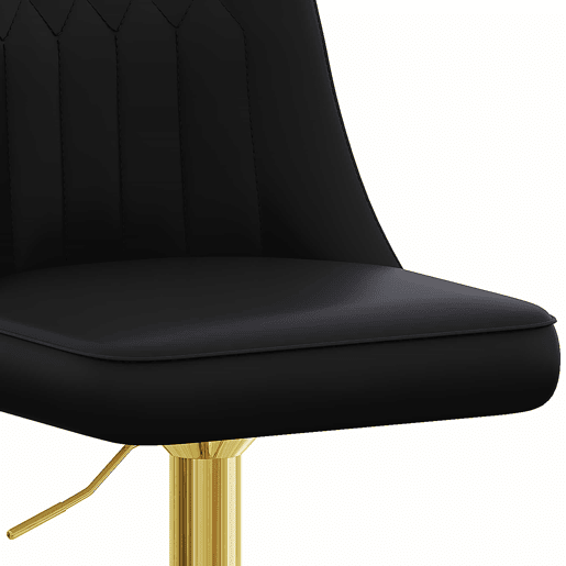 Bancos de bar (2 unidades) - Ajustáveis e giratórios a 360° - Encosto em PU com padrão de costura, pés metálicos dourados - Preto + Dourado
