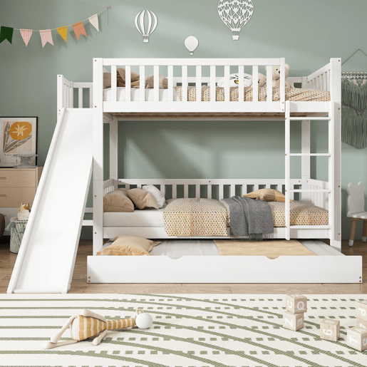 Beliche com cama extra 90x200190 cm - com proteção, escorregador, prateleiras, escada reta de 4 degraus - Branco