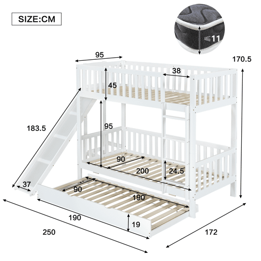 Beliche com cama extra 90x200190 cm - com proteção, escorregador, prateleiras, escada reta de 4 degraus - Branco