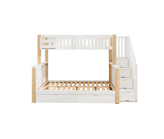 Cama litera infantil - multifuncional con cajón, estantería y armario escalera - blanco + natural