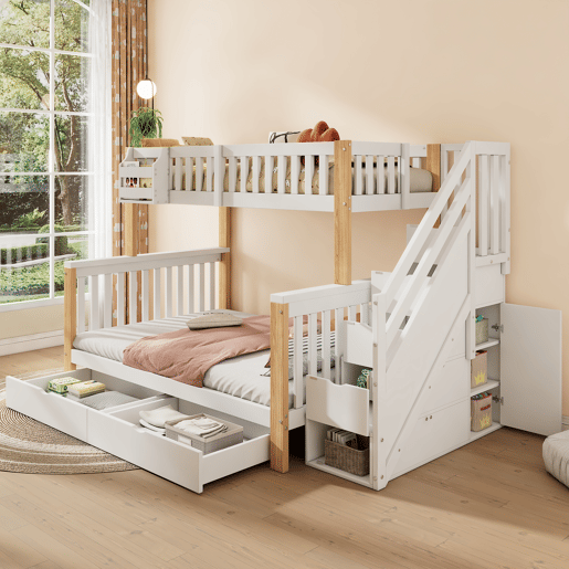 Cama beliche infantil - multifuncional com gaveta, estante e armário com escada - branco + natural