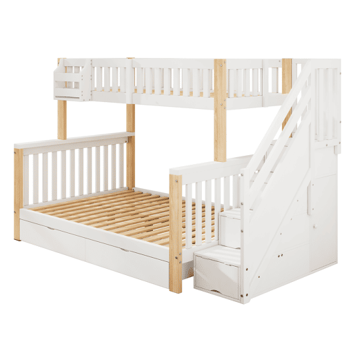 Cama beliche infantil - multifuncional com gaveta, estante e armário com escada - branco + natural