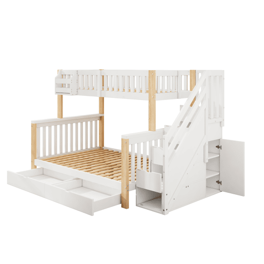 Cama beliche infantil - multifuncional com gaveta, estante e armário com escada - branco + natural