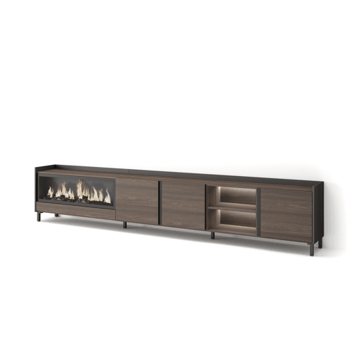 Móvel de TV, Muito espaço de arrumação, 315x35x61cm, Para televisores até 80, Lareira eléctrica XXL, Design industrial, LED, Estilo moderno, Carvalho escuro e Preto