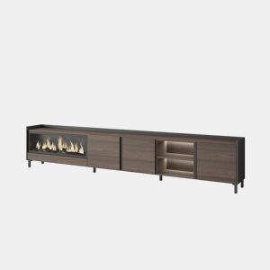 Móvel de TV, Muito espaço de arrumação, 315x35x61cm, Para televisores até 80, Lareira eléctrica XXL, Design industrial, LED, Estilo moderno, Carvalho escuro e Preto