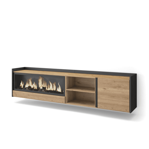 Móvel de TV, Muito espaço de arrumação, 212x35x50cm, Para televisores até 80, Lareira eléctrica XXL, Suspensos, Estilo moderno, Carvalho e preto Móvel de TV, Muito espaço de arrumação, 212x35x50cm, Para televisores até 80, Lareira eléctrica XXL, Suspensos, Estilo moderno, Carvalho e preto