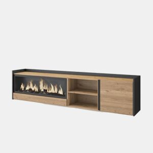 Móvel de TV, Muito espaço de arrumação, 212x35x50cm, Para televisores até 80, Lareira eléctrica XXL, Suspensos, Estilo moderno, Carvalho e preto