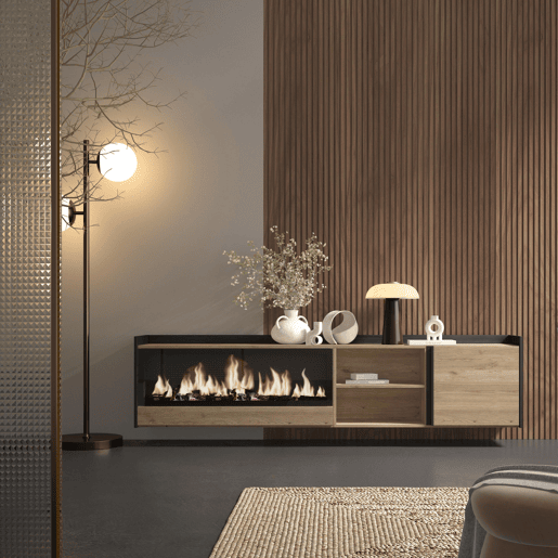Móvel de TV, Muito espaço de arrumação, 212x35x50cm, Para televisores até 80, Lareira eléctrica XXL, Suspensos, Estilo moderno, Carvalho e preto Móvel de TV, Muito espaço de arrumação, 212x35x50cm, Para televisores até 80, Lareira eléctrica XXL, Suspensos, Estilo moderno, Carvalho e preto