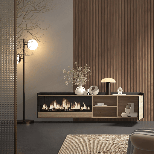Móvel de TV, Muito espaço de arrumação, 212x35x50cm, Para televisores até 80, Lareira eléctrica XXL, Suspensos, Estilo moderno, Carvalho e preto Móvel de TV, Muito espaço de arrumação, 212x35x50cm, Para televisores até 80, Lareira eléctrica XXL, Suspensos, Estilo moderno, Carvalho e preto