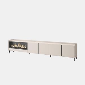 Móvel de TV, Muito espaço de arrumação, 315x35x61cm, Para televisores até 80, Lareira eléctrica XXL, Design industrial, Estilo moderno, Bege