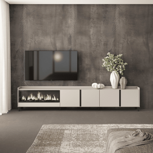 Móvel de TV, Muito espaço de arrumação, 315x35x61cm, Para televisores até 80, Lareira eléctrica XXL, Design industrial, Estilo moderno, Bege Móvel de TV, Muito espaço de arrumação, 315x35x61cm, Para televisores até 80, Lareira eléctrica XXL, Design industrial, Estilo moderno, Bege
