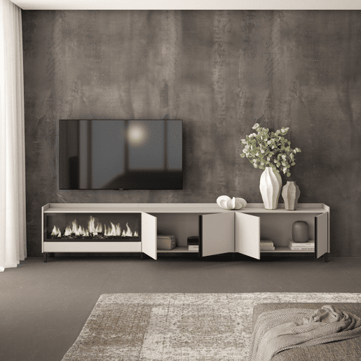 Móvel de TV, Muito espaço de arrumação, 315x35x61cm, Para televisores até 80, Lareira eléctrica XXL, Design industrial, Estilo moderno, Bege Móvel de TV, Muito espaço de arrumação, 315x35x61cm, Para televisores até 80, Lareira eléctrica XXL, Design industrial, Estilo moderno, Bege