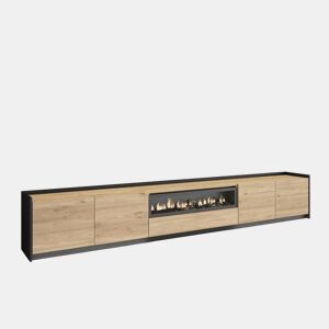 Móvel de TV, Muito espaço de arrumação, 310x37x50cm, Para televisores até 80, Lareira eléctrica, LED, Estilo moderno, Carvalho e preto