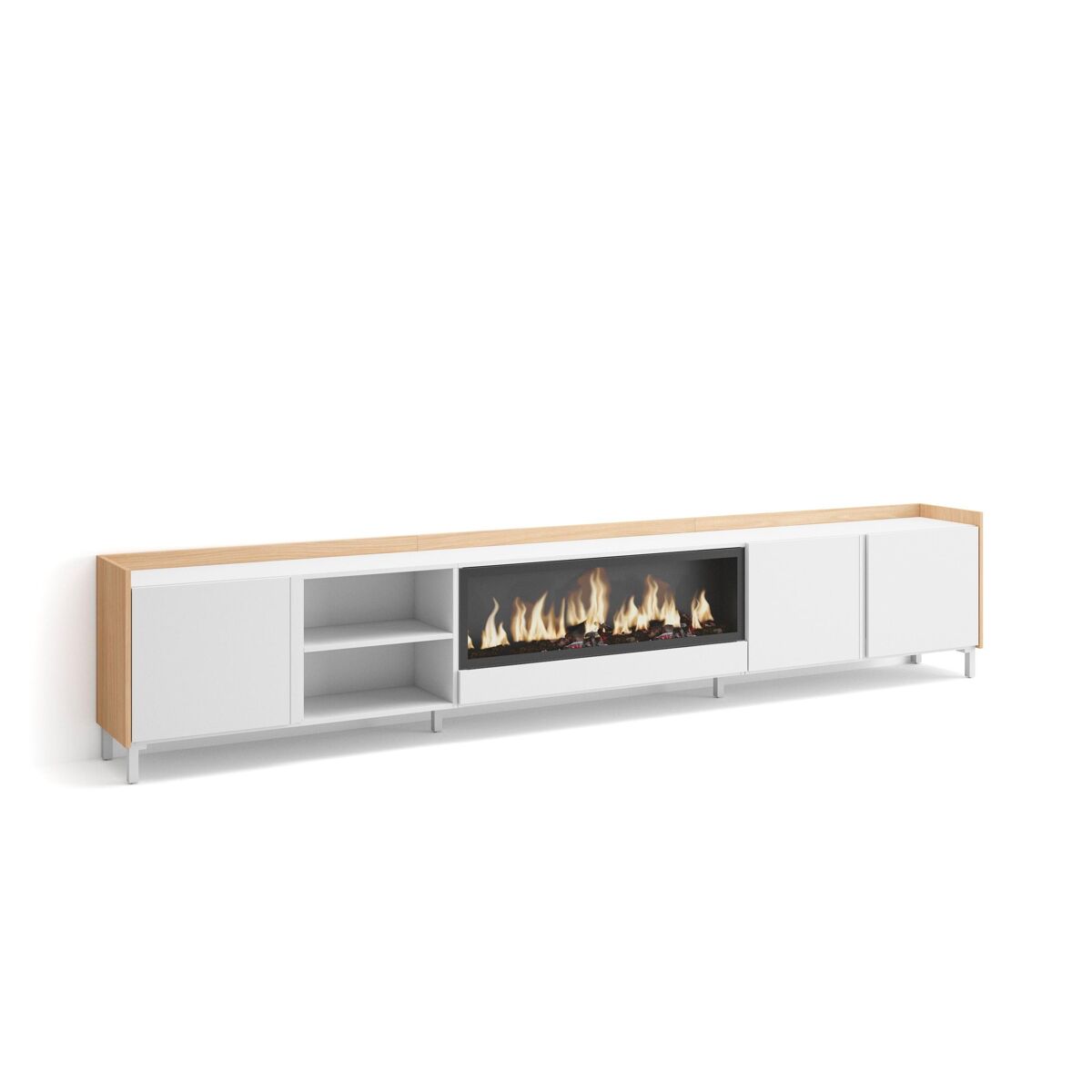 Mueble tv, televisión, muebles de salón, almacenaje, 315x35x61cm, para tv hasta 80", chimenea eléctrica xxl, diseño industrial, estilo moderno, blanco y roble soft
