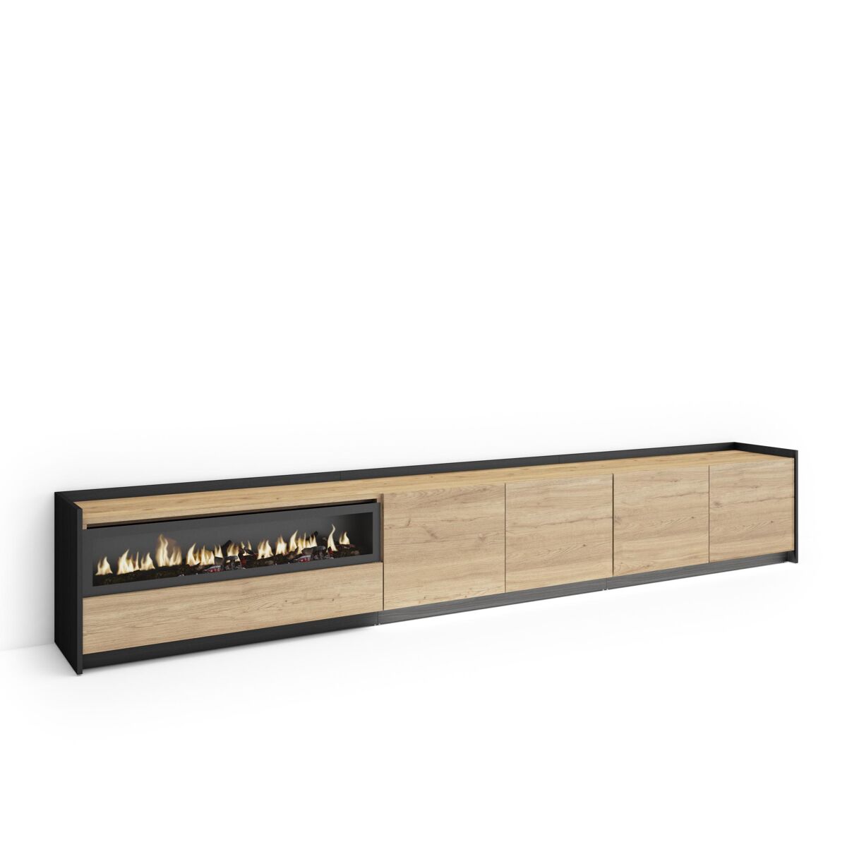 Mueble tv, televisión, muebles de salón, almacenaje, 310x37x50cm, para tv hasta 80", chimenea eléctrica, led, estilo moderno, roble y negro