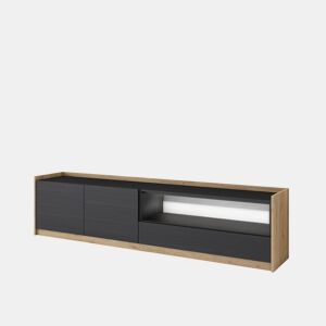 Móvel de TV, Muito espaço de arrumação, 207x37x50cm, Para televisores até 80, LED, Estilo moderno, Preto e Carvalho