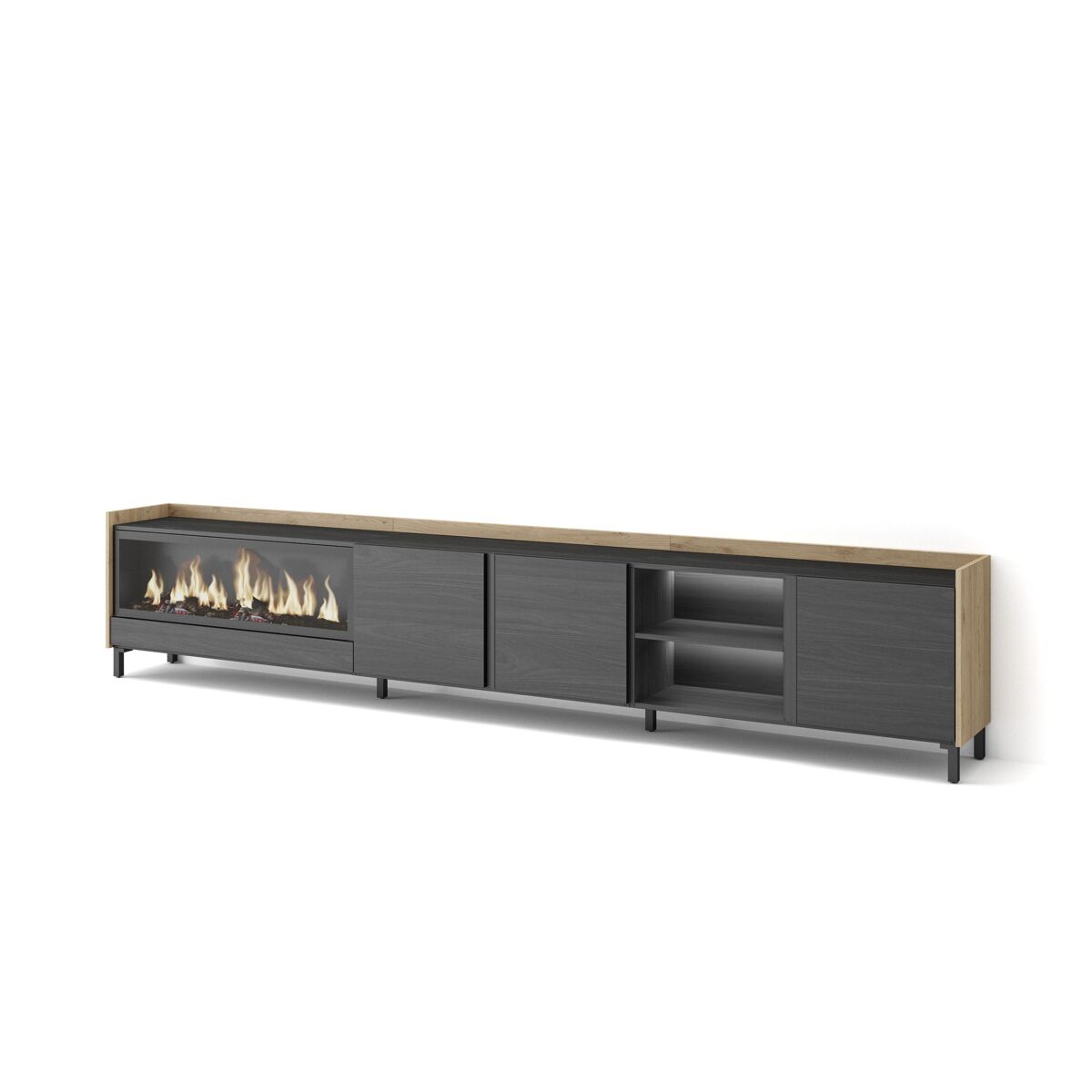 Mueble tv, televisión, muebles de salón, almacenaje, 315x35x61cm, para tv hasta 80", chimenea eléctrica xxl, diseño industrial, led, estilo moderno, negro y roble