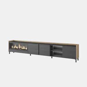 Móvel de TV, Muito espaço de arrumação, 315x35x61cm, Para televisores até 80, Lareira eléctrica XXL, Design industrial, LED, Estilo moderno, Preto e Carvalho