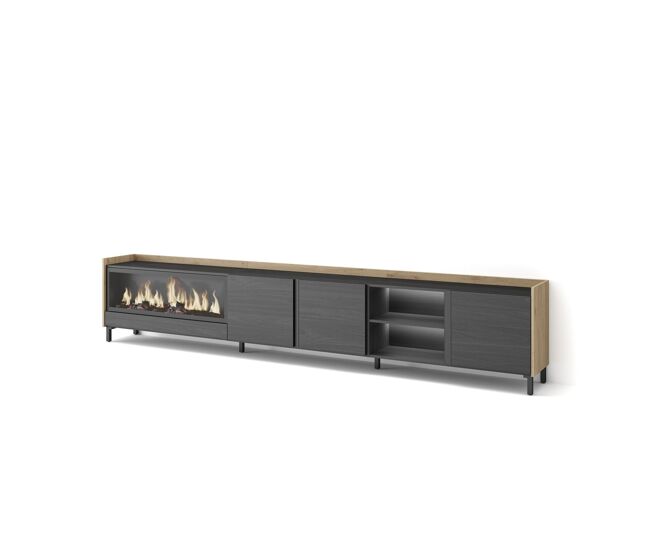 Mueble tv, televisión, muebles de salón, almacenaje, 315x35x61cm, para tv hasta 80", chimenea eléctrica xxl, diseño industrial, led, estilo moderno, negro y roble