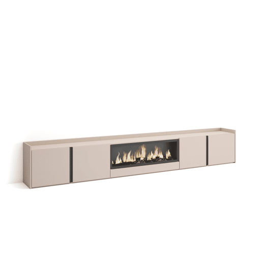 Móvel de TV, Muito espaço de arrumação, 315x35x50cm, Para televisores até 80, Lareira eléctrica XXL, Estilo moderno, Bege