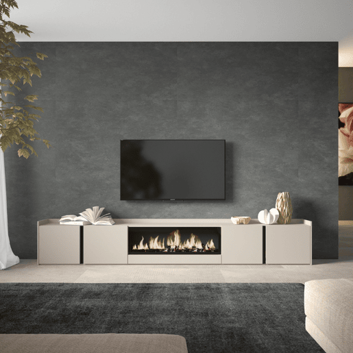 Móvel de TV, Muito espaço de arrumação, 315x35x50cm, Para televisores até 80, Lareira eléctrica XXL, Estilo moderno, Bege