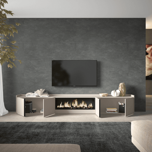 Móvel de TV, Muito espaço de arrumação, 315x35x50cm, Para televisores até 80, Lareira eléctrica XXL, Estilo moderno, Bege