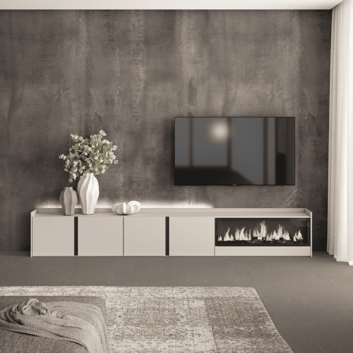 Móvel de TV, Muito espaço de arrumação, 315x35x50cm, Para televisores até 80, Lareira eléctrica XXL, LED, Estilo moderno, Bege