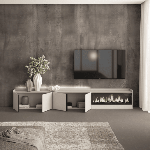 Móvel de TV, Muito espaço de arrumação, 315x35x50cm, Para televisores até 80, Lareira eléctrica XXL, LED, Estilo moderno, Bege
