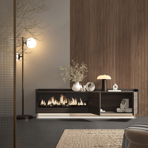 Móvel de TV, Muito espaço de arrumação, 212x35x50cm, Para televisores até 80, Lareira eléctrica XXL, Suspensos, LED, Estilo moderno, Carvalho escuro e Preto Móvel de TV, Muito espaço de arrumação, 212x35x50cm, Para televisores até 80, Lareira eléctrica XXL, Suspensos, LED, Estilo moderno, Carvalho escuro e Preto