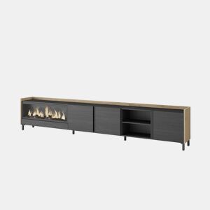Móvel de TV, Muito espaço de arrumação, 315x35x61cm, Para televisores até 80, Lareira eléctrica XXL, Design industrial, Estilo moderno, Preto e Carvalho