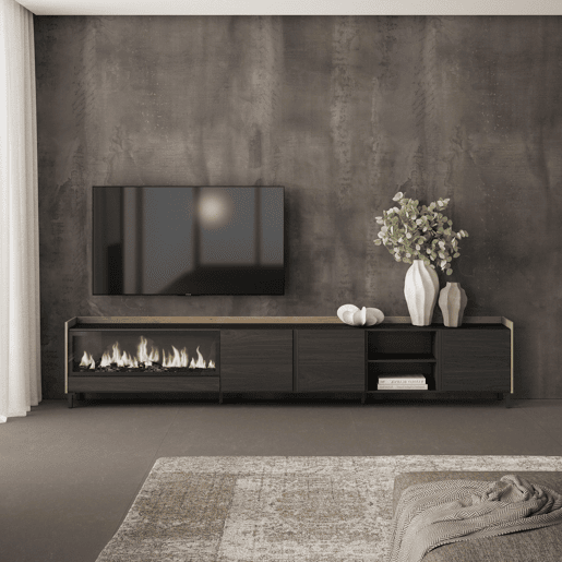 Móvel de TV, Muito espaço de arrumação, 315x35x61cm, Para televisores até 80, Lareira eléctrica XXL, Design industrial, Estilo moderno, Preto e Carvalho