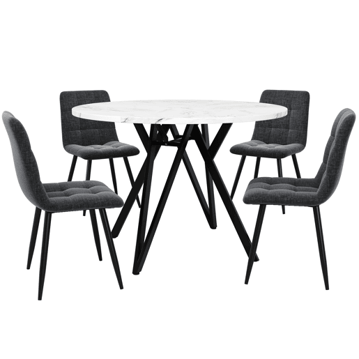 Conjunto de mesa e cadeiras de 5 peças - Mesa redonda de 100 cm, pernas metálicas pretas, tampo em MDF, cadeiras em linho cinzento