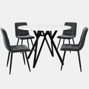 Conjunto de mesa e cadeiras de 5 peças - Mesa redonda de 100 cm, pernas metálicas pretas, tampo em MDF, cadeiras em linho cinzento