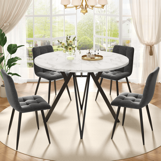 Conjunto de mesa e cadeiras de 5 peças - Mesa redonda de 100 cm, pernas metálicas pretas, tampo em MDF, cadeiras em linho cinzento