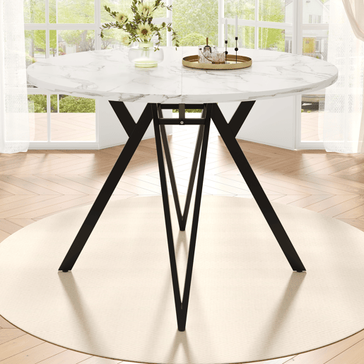 Conjunto de mesa e cadeiras de 5 peças - Mesa redonda de 100 cm, pernas metálicas pretas, tampo em MDF, cadeiras em linho cinzento