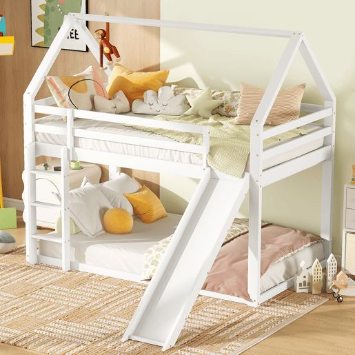 Cama individual 90x200cm - Cama infantil com escorregador e escada - Branca