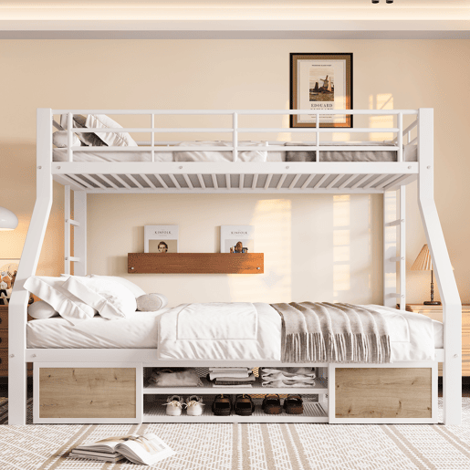 Beliche 90x200 cm, 140x200 cm - com armário, prateleiras, grade, escada - Branco
