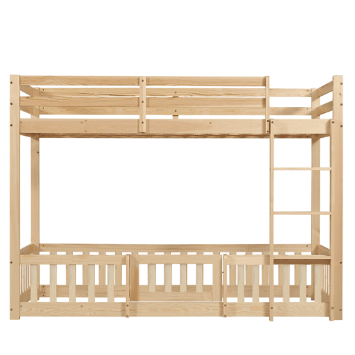 Beliche 90x200 - Escada em ângulo reto, corrimão e porta, proteção contra quedas, espaço livre por baixo - Natural