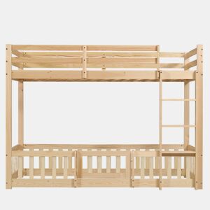 Beliche 90x200 - Escada em ângulo reto, corrimão e porta, proteção contra quedas, espaço livre por baixo - Natural