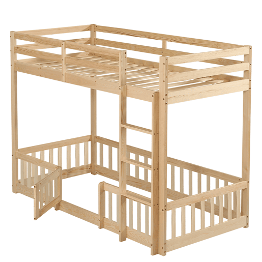 Beliche 90x200 - Escada em ângulo reto, corrimão e porta, proteção contra quedas, espaço livre por baixo - Natural