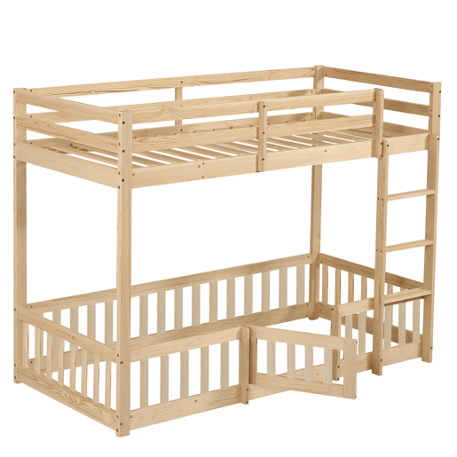 Beliche 90x200 - Escada em ângulo reto, corrimão e porta, proteção contra quedas, espaço livre por baixo - Natural