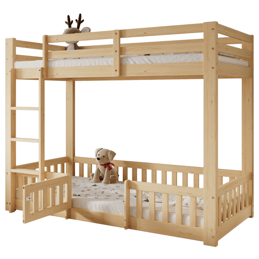 Beliche 90x200 - Escada em ângulo reto, corrimão e porta, proteção contra quedas, espaço livre por baixo - Natural