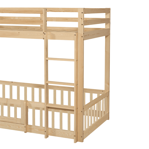 Beliche 90x200 - Escada em ângulo reto, corrimão e porta, proteção contra quedas, espaço livre por baixo - Natural