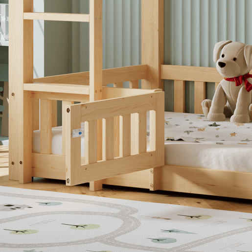 Beliche 90x200 - Escada em ângulo reto, corrimão e porta, proteção contra quedas, espaço livre por baixo - Natural