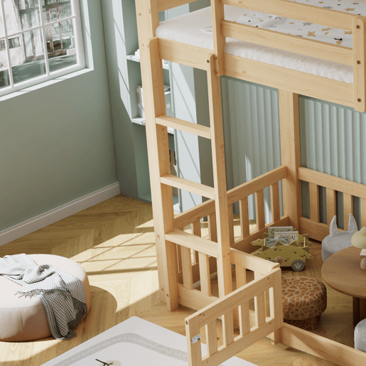Beliche 90x200 - Escada em ângulo reto, corrimão e porta, proteção contra quedas, espaço livre por baixo - Natural