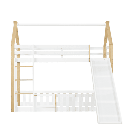 Beliche 90x200cm - Teto requintado, escorregador divertido, espaço livre com corrimão - Branco + Natural