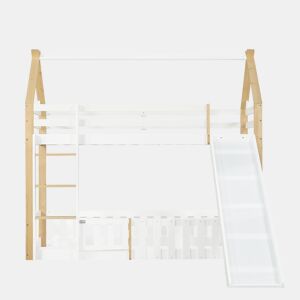 Beliche 90x200cm - Teto requintado, escorregador divertido, espaço livre com corrimão - Branco + Natural